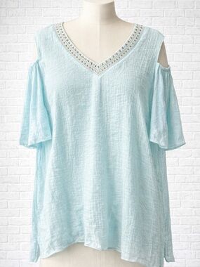 JM Collection Pale Blue Cold-Shoulder V-Neck Top XXL
